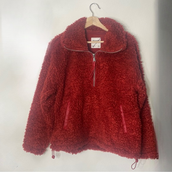 Abercrombie & Fitch Sherpa Half-Zip Cinched Cocoon Jacket Red - Picture 4 of 6